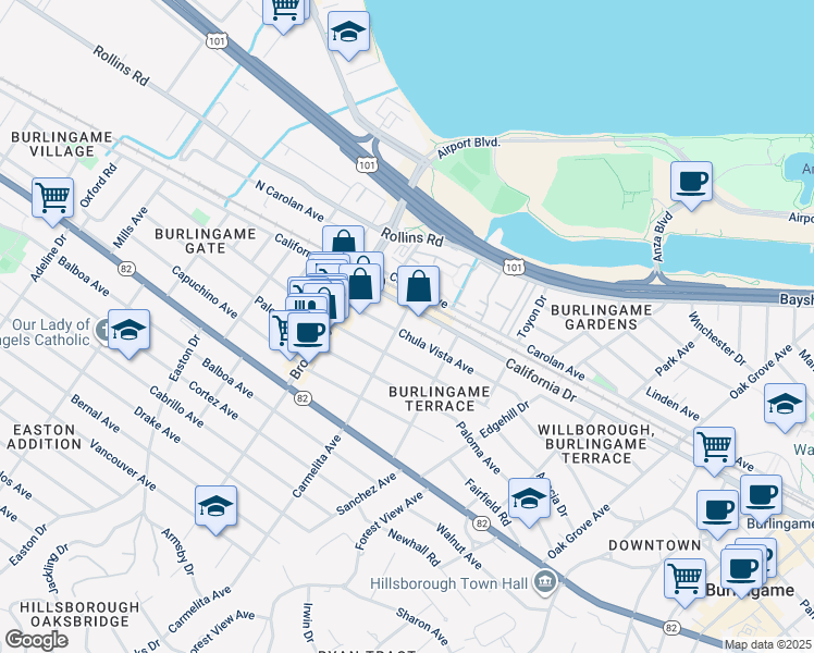 map of restaurants, bars, coffee shops, grocery stores, and more near 1015 Chula Vista Avenue in Burlingame