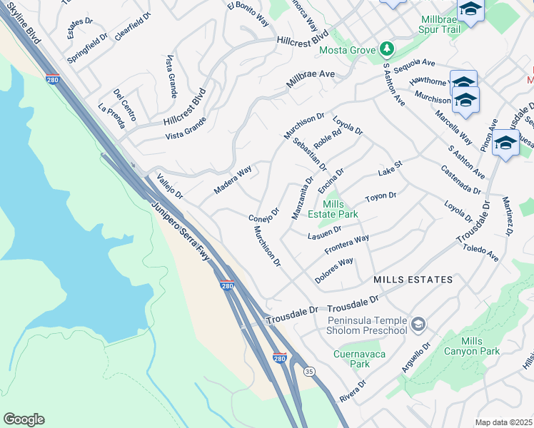 map of restaurants, bars, coffee shops, grocery stores, and more near 94 Conejo Drive in Millbrae