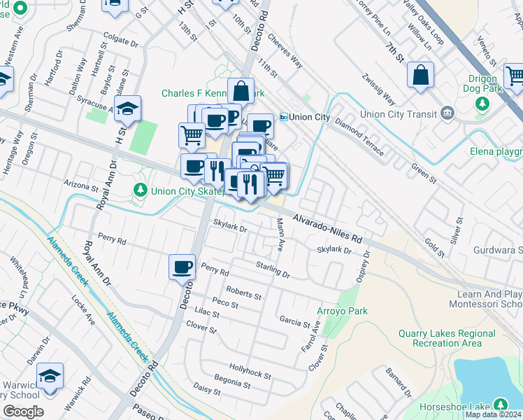 map of restaurants, bars, coffee shops, grocery stores, and more near 34701 Alvarado-Niles Road in Union City