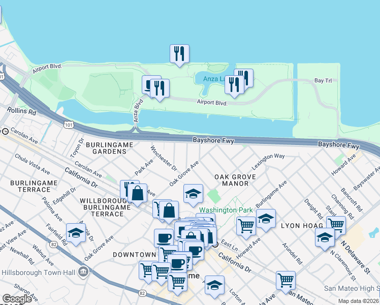 map of restaurants, bars, coffee shops, grocery stores, and more near 519 Francisco Drive in Burlingame