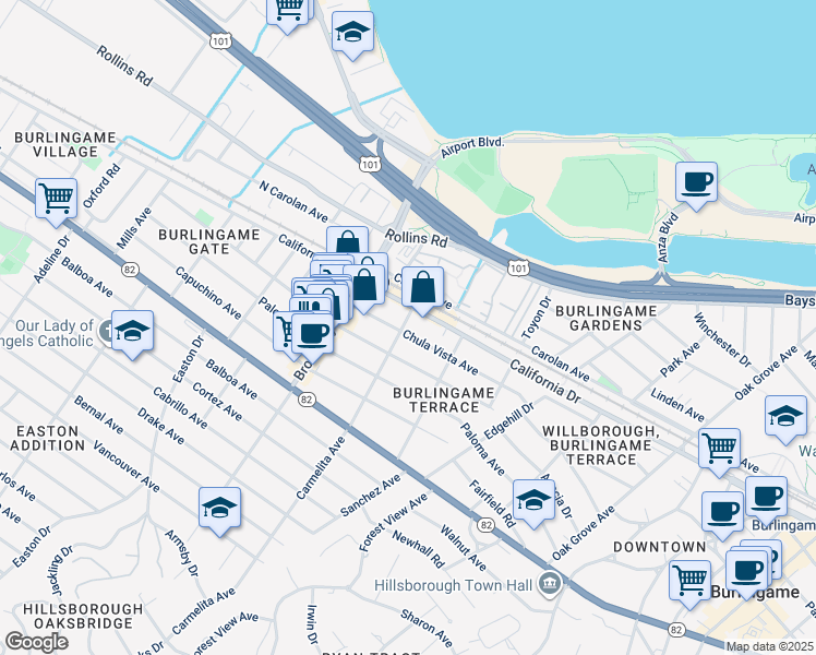 map of restaurants, bars, coffee shops, grocery stores, and more near 1042 Chula Vista Avenue in Burlingame
