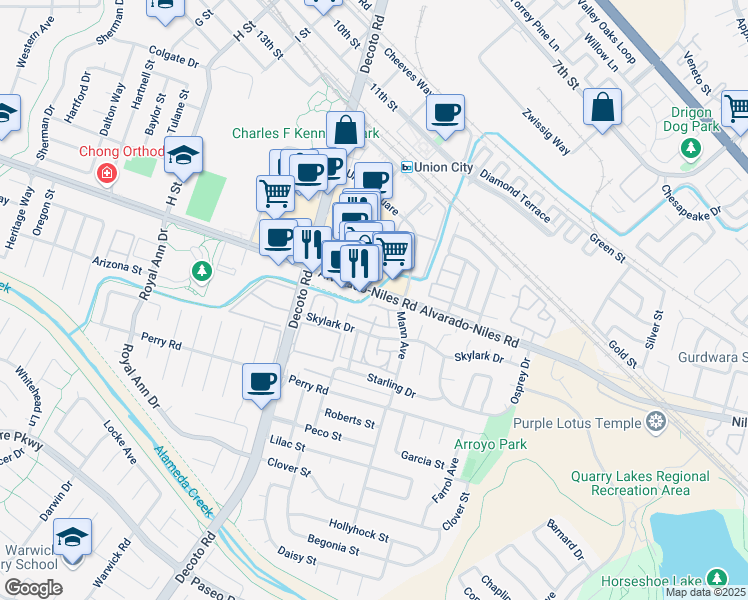 map of restaurants, bars, coffee shops, grocery stores, and more near 34701 Alvarado-Niles Road in Union City