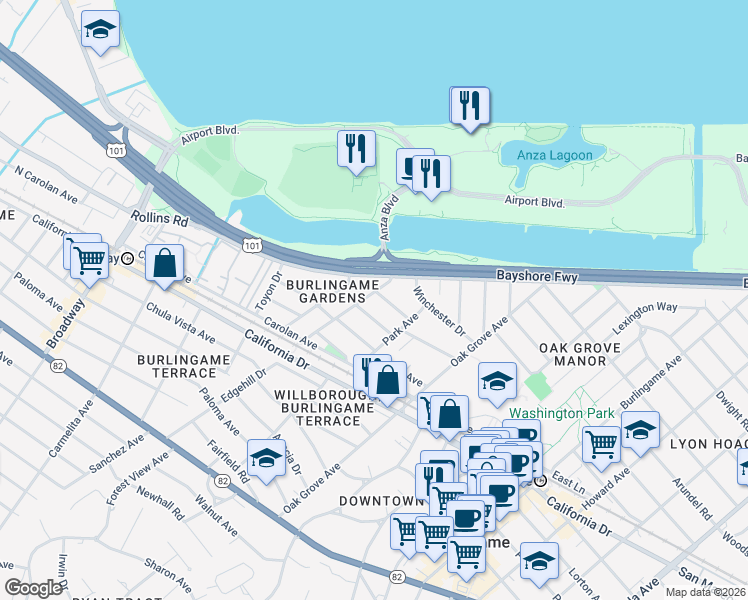 map of restaurants, bars, coffee shops, grocery stores, and more near 818 Laurel Avenue in Burlingame