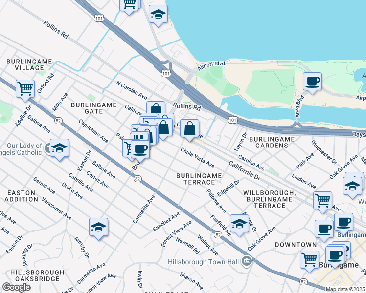 map of restaurants, bars, coffee shops, grocery stores, and more near 1042 Chula Vista Avenue in Burlingame