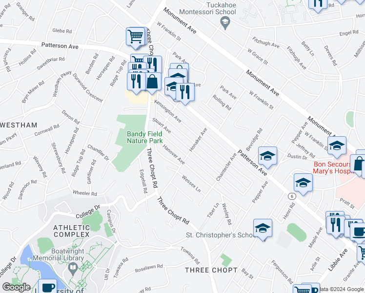 map of restaurants, bars, coffee shops, grocery stores, and more near 6709 Stuart Avenue in Richmond