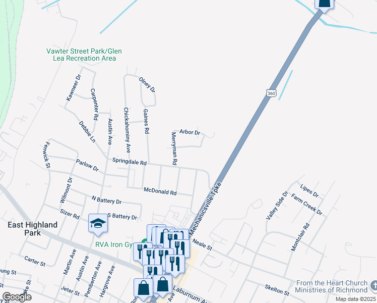 map of restaurants, bars, coffee shops, grocery stores, and more near 2207 Drummond Drive in Richmond
