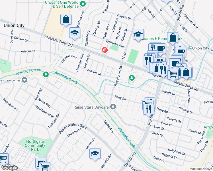 map of restaurants, bars, coffee shops, grocery stores, and more near 2455 Royal Ann Drive in Union City