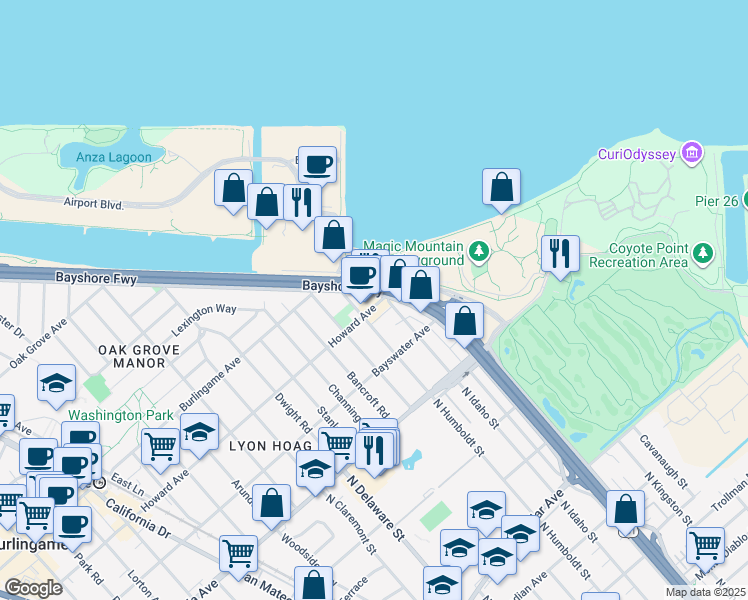map of restaurants, bars, coffee shops, grocery stores, and more near 1031 North Idaho Street in San Mateo