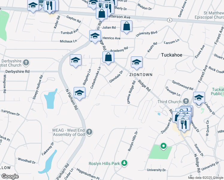 map of restaurants, bars, coffee shops, grocery stores, and more near 3 Warrenton Circle in Richmond