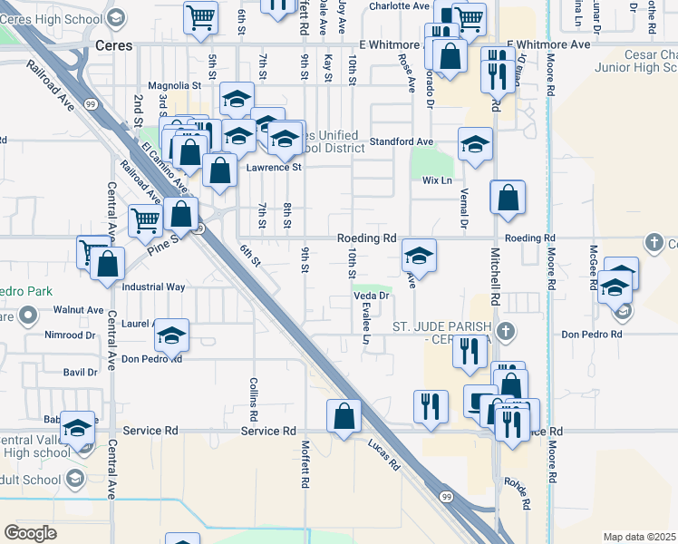 map of restaurants, bars, coffee shops, grocery stores, and more near 107 Holly Circle in Ceres