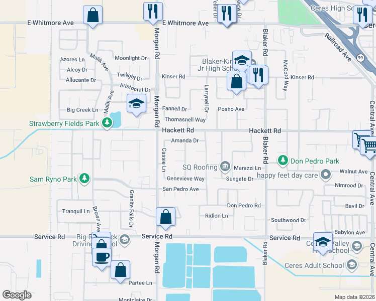 map of restaurants, bars, coffee shops, grocery stores, and more near 3506 Chandra Court in Ceres