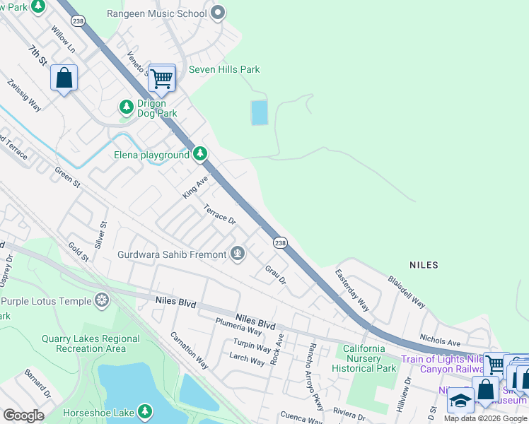map of restaurants, bars, coffee shops, grocery stores, and more near 35724 California 238 in Fremont