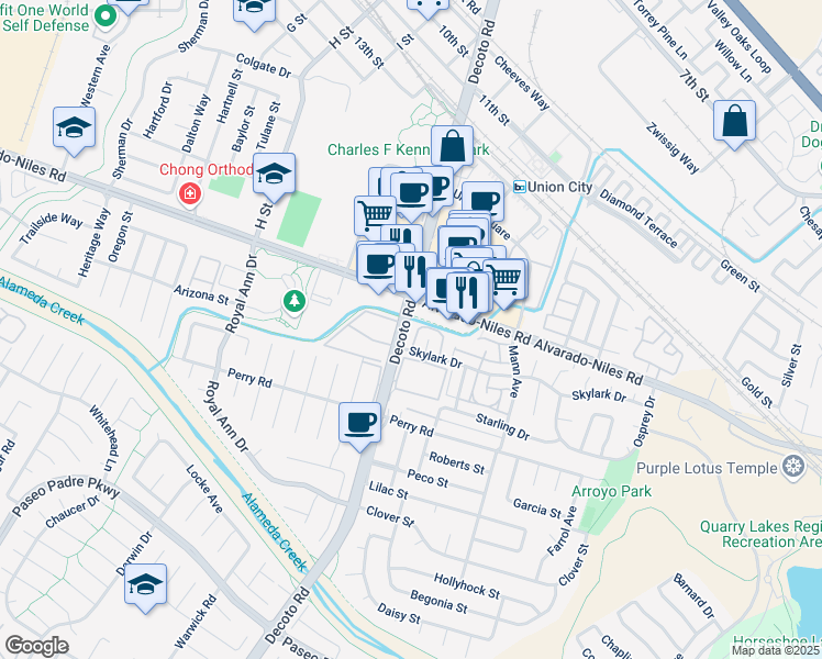 map of restaurants, bars, coffee shops, grocery stores, and more near 2261 Decoto Road in Union City