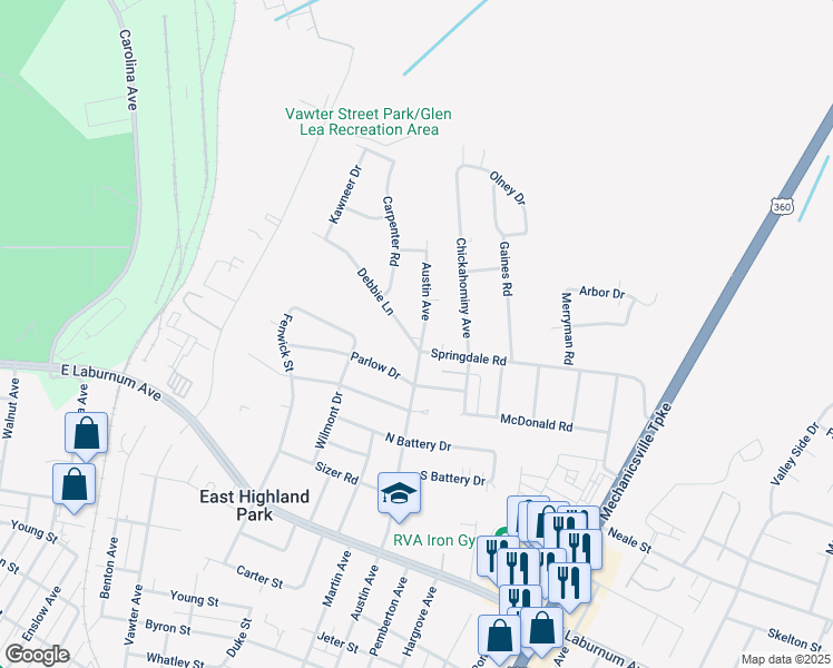 map of restaurants, bars, coffee shops, grocery stores, and more near 4300 Austin Avenue in Richmond