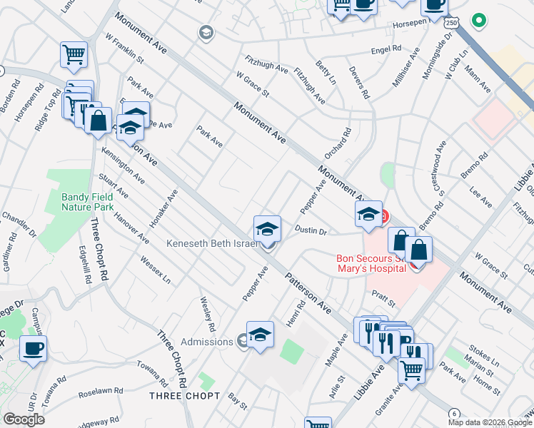 map of restaurants, bars, coffee shops, grocery stores, and more near 908 Orchard Road in Richmond