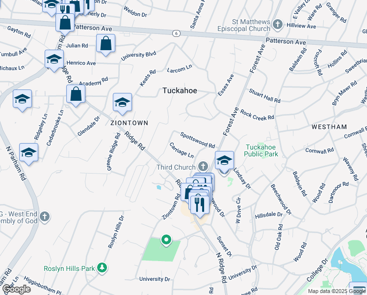 map of restaurants, bars, coffee shops, grocery stores, and more near 8006 Carriage Lane in Richmond