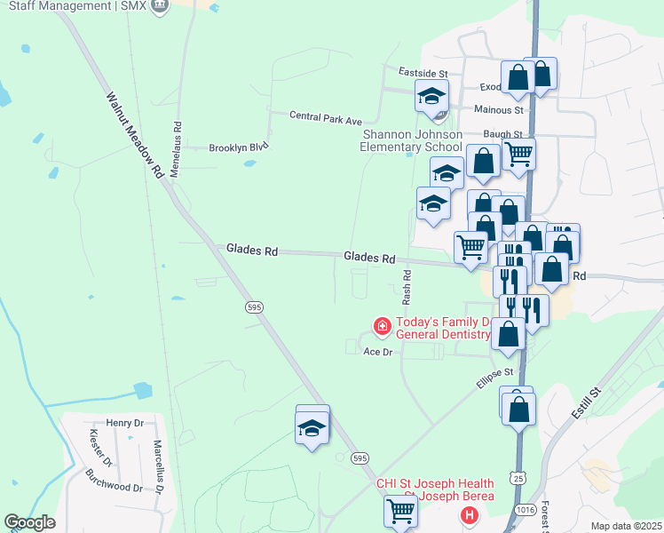 map of restaurants, bars, coffee shops, grocery stores, and more near 192 Glades Road in Berea