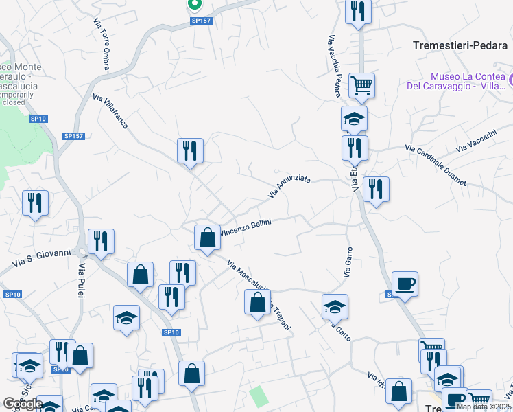 map of restaurants, bars, coffee shops, grocery stores, and more near 74 Via Vincenzo Bellini in Tremestieri Etneo