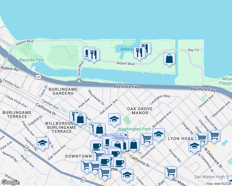 map of restaurants, bars, coffee shops, grocery stores, and more near 482 Marin Drive in Burlingame