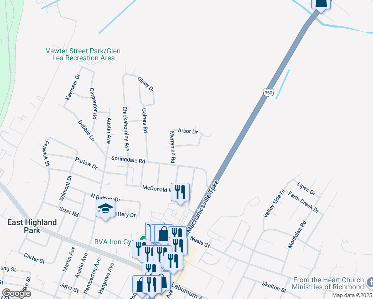 map of restaurants, bars, coffee shops, grocery stores, and more near 2207 Drummond Drive in Richmond