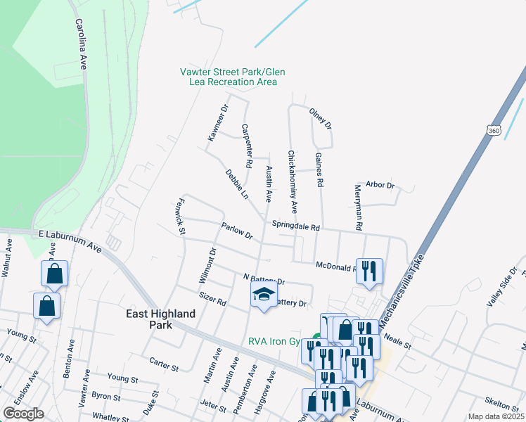 map of restaurants, bars, coffee shops, grocery stores, and more near 4300 Austin Avenue in Richmond