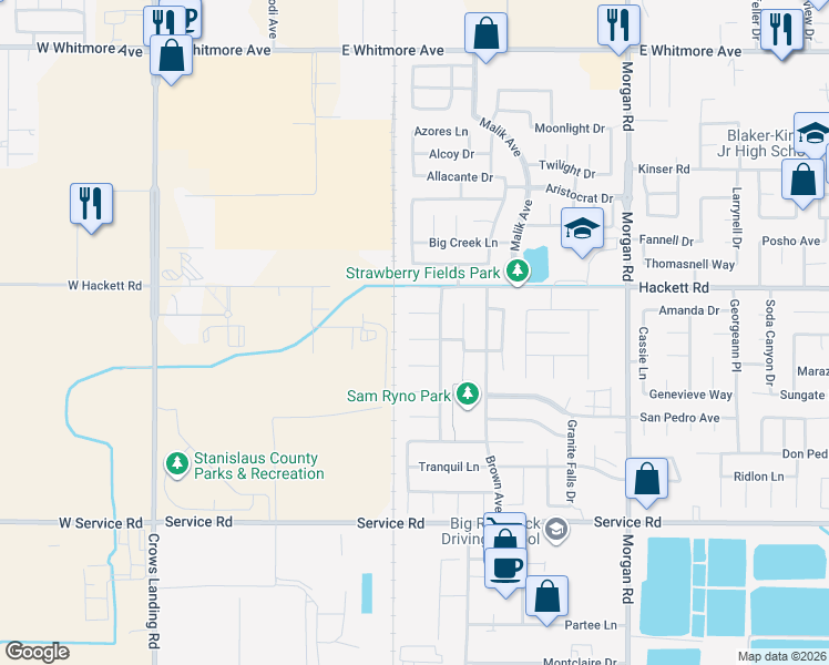 map of restaurants, bars, coffee shops, grocery stores, and more near 739 Del Sol Court in Ceres