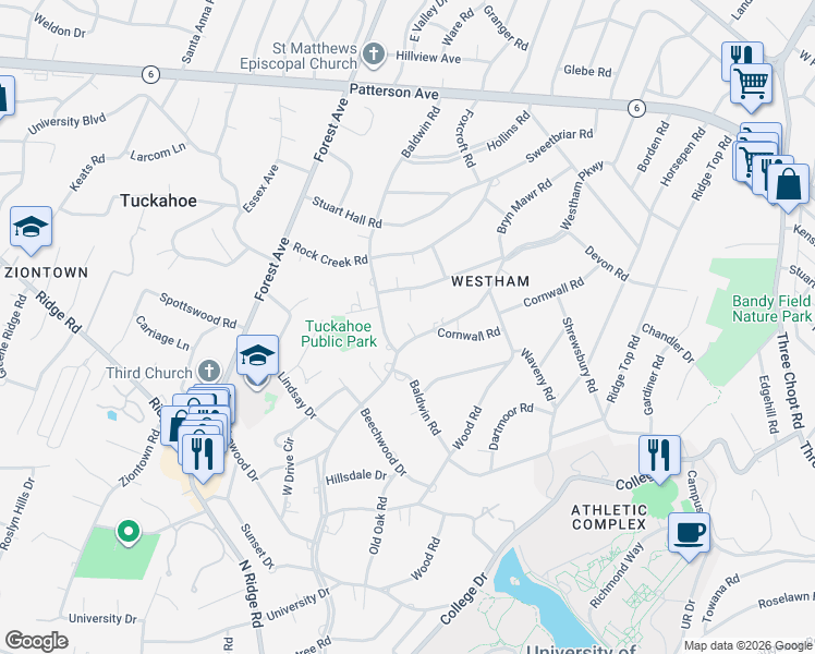 map of restaurants, bars, coffee shops, grocery stores, and more near 704 Westham Parkway in Richmond