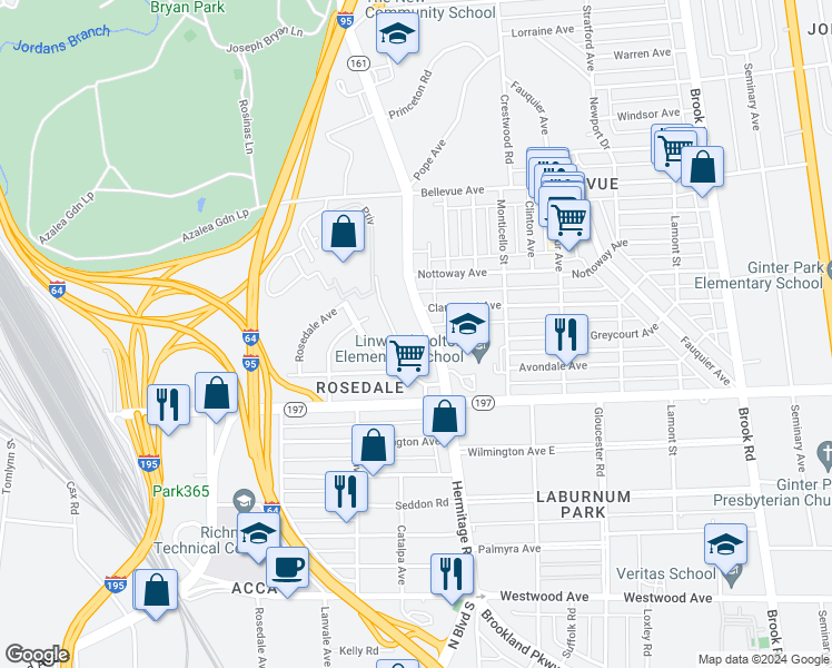 map of restaurants, bars, coffee shops, grocery stores, and more near 3812 Hermitage Road in Richmond