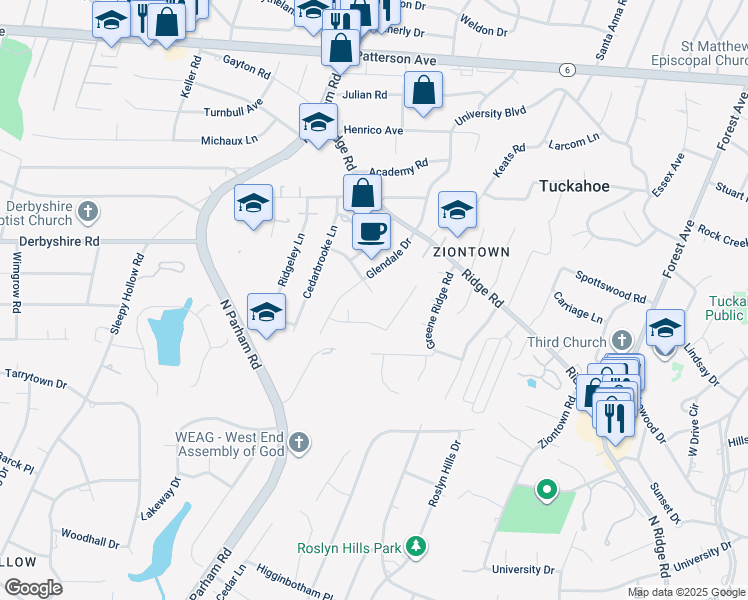 map of restaurants, bars, coffee shops, grocery stores, and more near 3 Warrenton Circle in Richmond