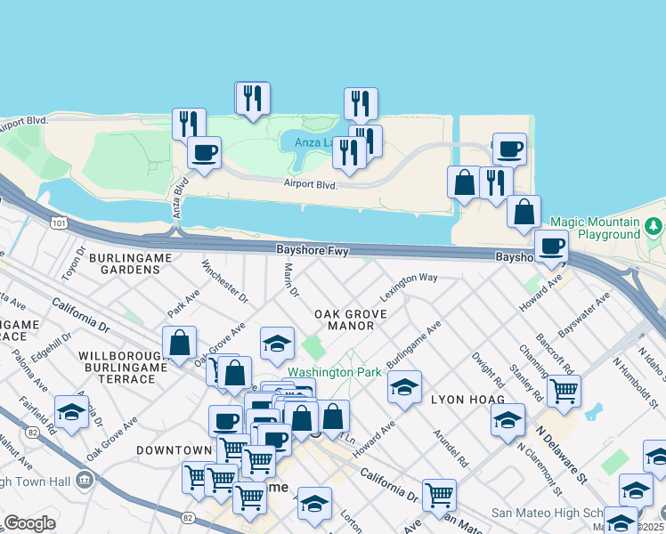 map of restaurants, bars, coffee shops, grocery stores, and more near 472 Bloomfield Road in Burlingame