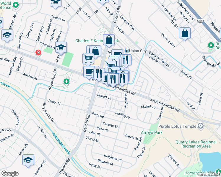 map of restaurants, bars, coffee shops, grocery stores, and more near 34595 Alvarado-Niles Road in Union City
