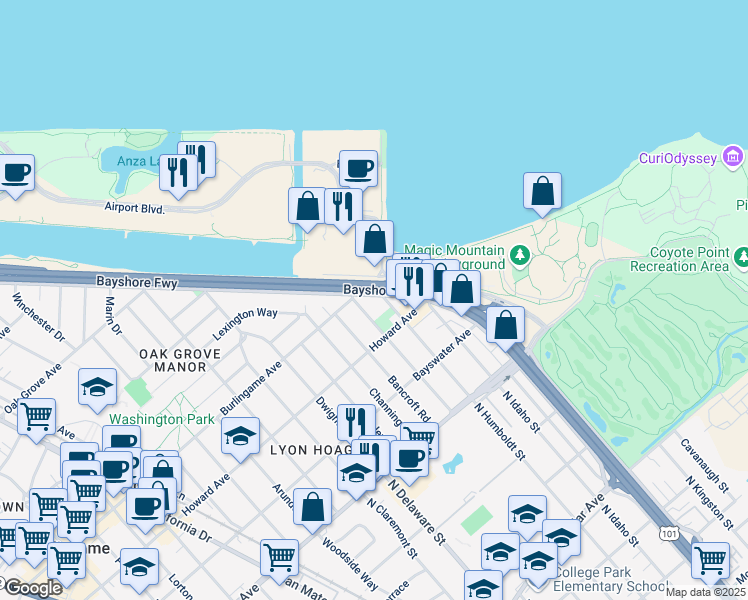 map of restaurants, bars, coffee shops, grocery stores, and more near 324 Lang Road in Burlingame