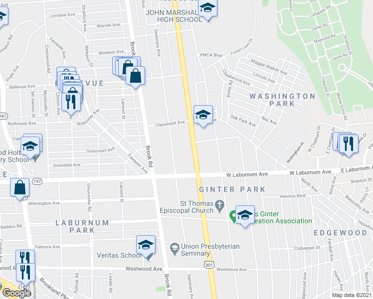 map of restaurants, bars, coffee shops, grocery stores, and more near in Richmond