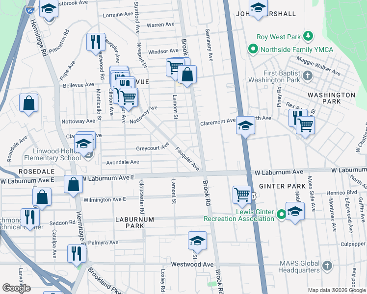 map of restaurants, bars, coffee shops, grocery stores, and more near 1205 Greycourt Avenue in Richmond