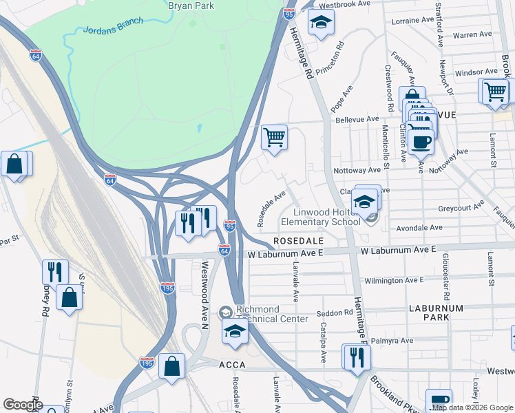 map of restaurants, bars, coffee shops, grocery stores, and more near 1719 Bellevue Avenue in Richmond