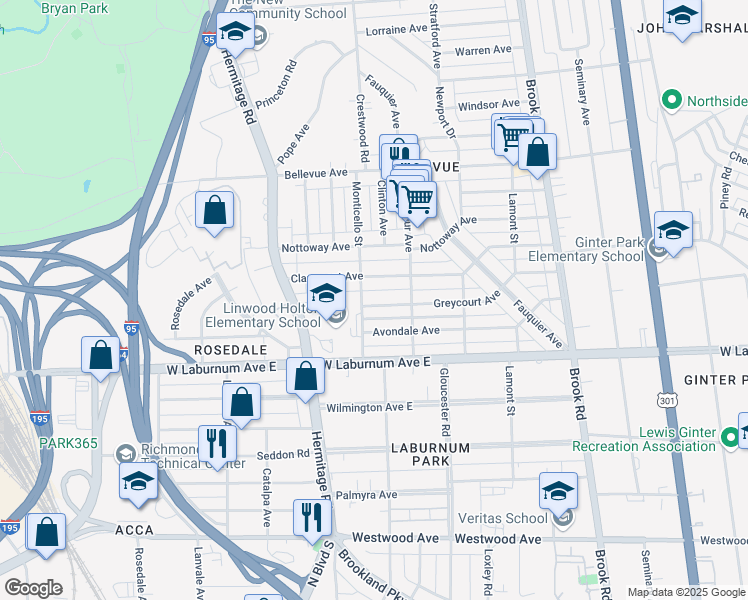 map of restaurants, bars, coffee shops, grocery stores, and more near 1516 Greycourt Avenue in Richmond