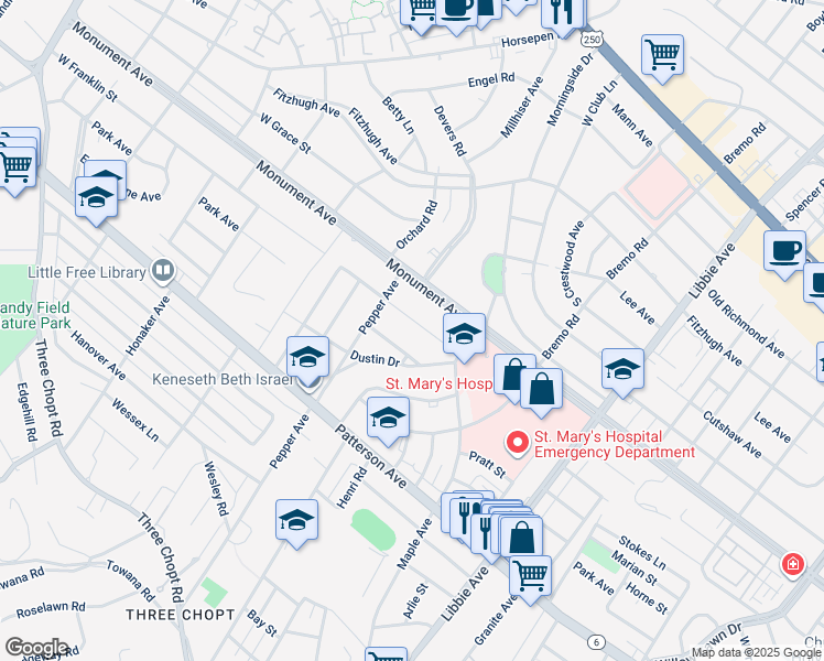 map of restaurants, bars, coffee shops, grocery stores, and more near 6215 West Franklin Street in Richmond
