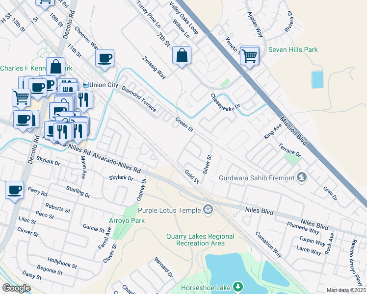 map of restaurants, bars, coffee shops, grocery stores, and more near 1145 Plateau Drive in Union City