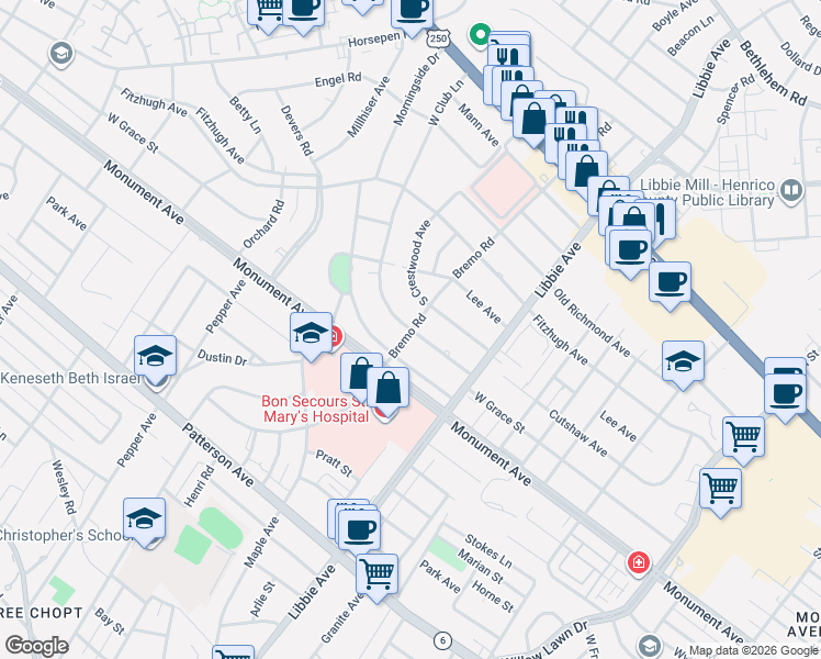 map of restaurants, bars, coffee shops, grocery stores, and more near 5901 South Crestwood Avenue in Richmond