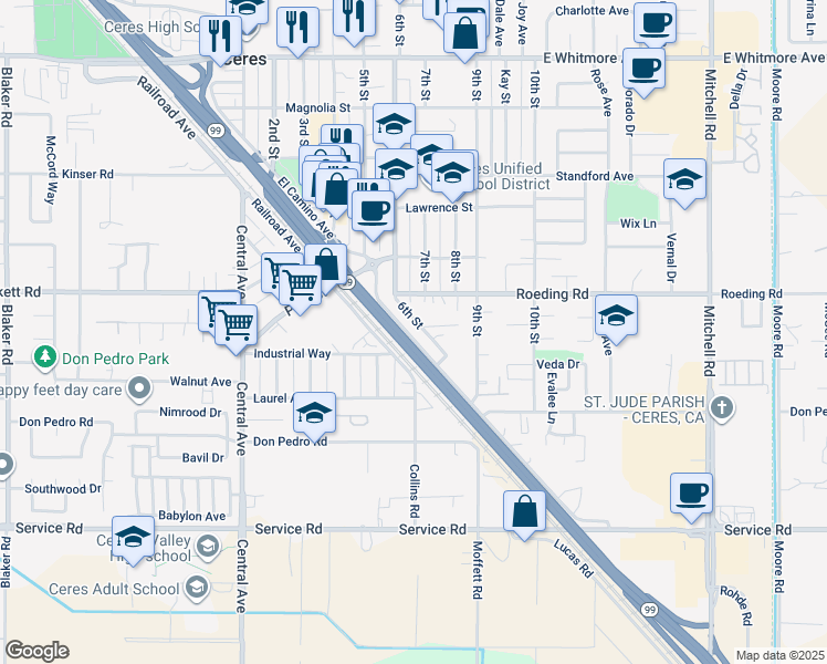 map of restaurants, bars, coffee shops, grocery stores, and more near 3430 El Camino Avenue in Ceres