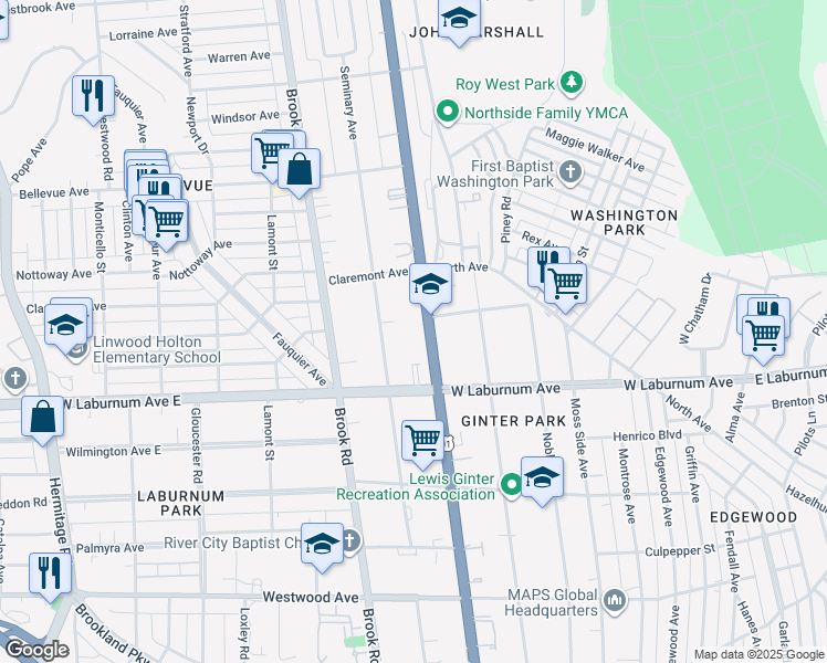 map of restaurants, bars, coffee shops, grocery stores, and more near in Richmond