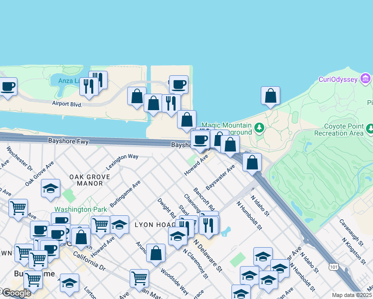 map of restaurants, bars, coffee shops, grocery stores, and more near 255 Rollins Road in Burlingame