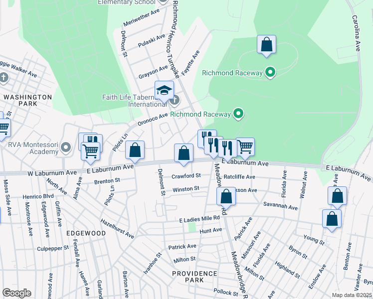 map of restaurants, bars, coffee shops, grocery stores, and more near 3909 Pinalto Drive in Richmond
