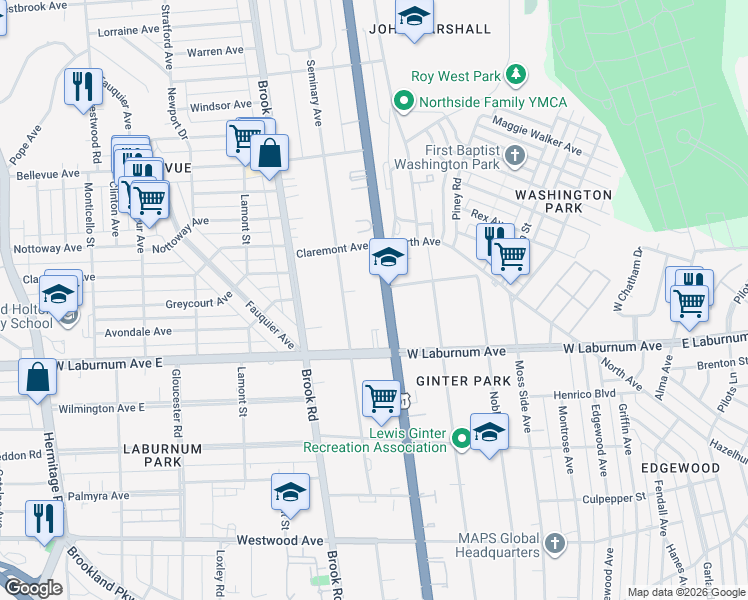 map of restaurants, bars, coffee shops, grocery stores, and more near in Richmond