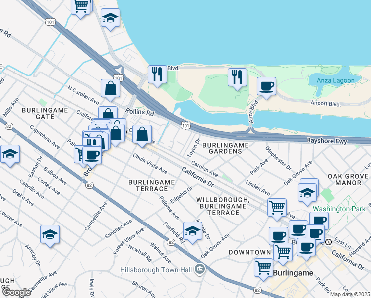 map of restaurants, bars, coffee shops, grocery stores, and more near 1008 Carolan Avenue in Burlingame