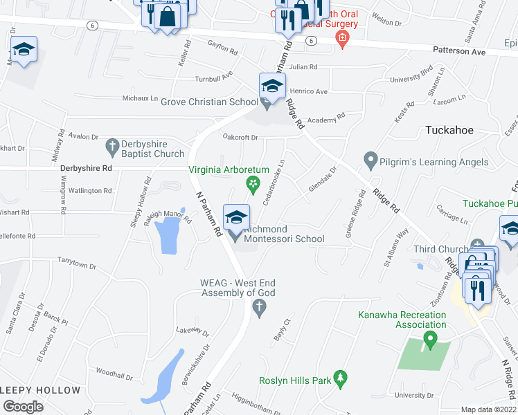 map of restaurants, bars, coffee shops, grocery stores, and more near 506 Cedarbrooke Lane in Richmond