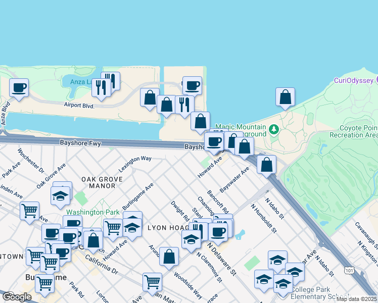 map of restaurants, bars, coffee shops, grocery stores, and more near 2 Burlingame Avenue in Burlingame