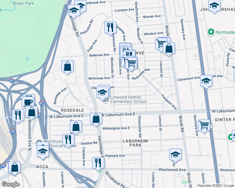 map of restaurants, bars, coffee shops, grocery stores, and more near 1516 Greycourt Avenue in Richmond