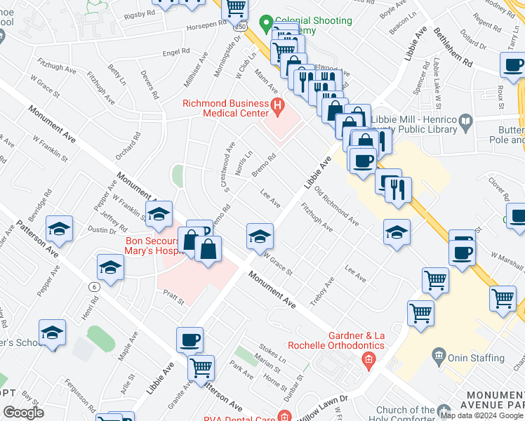 map of restaurants, bars, coffee shops, grocery stores, and more near 5806 South Crestwood Avenue in Richmond