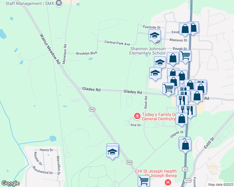 map of restaurants, bars, coffee shops, grocery stores, and more near 192 Glades Road in Berea